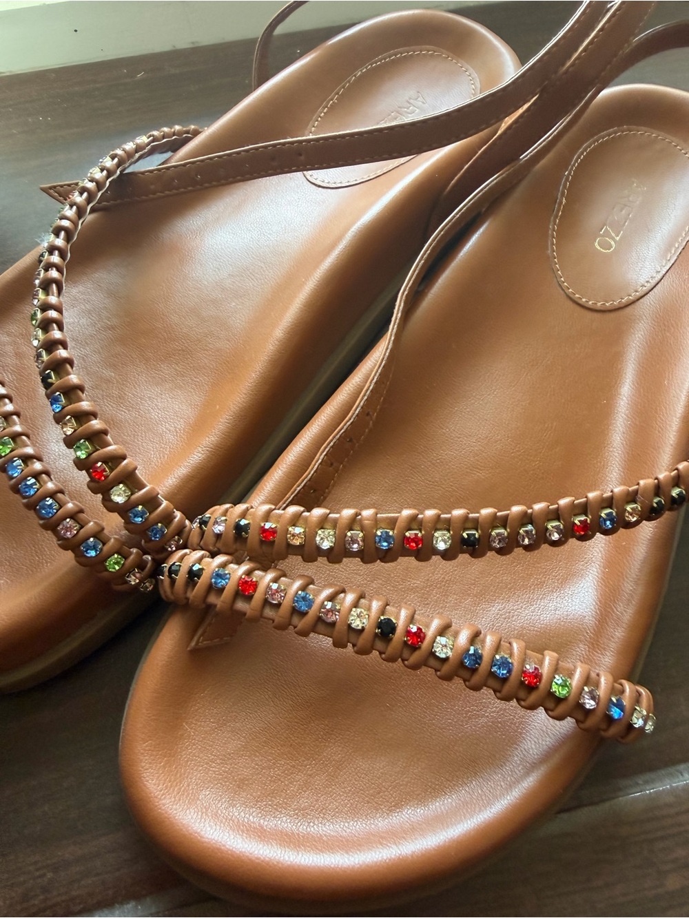 Women’s Brown Leather Gem-Trim Slingback Sandals